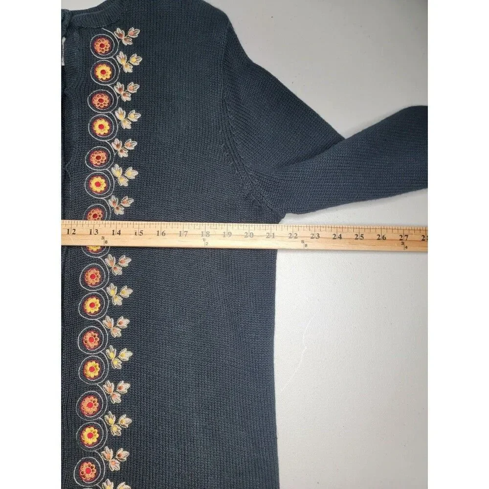 Vtg Bechamel Womens L Black Knit Embroidered Autum Leave Floral Button Cardigan